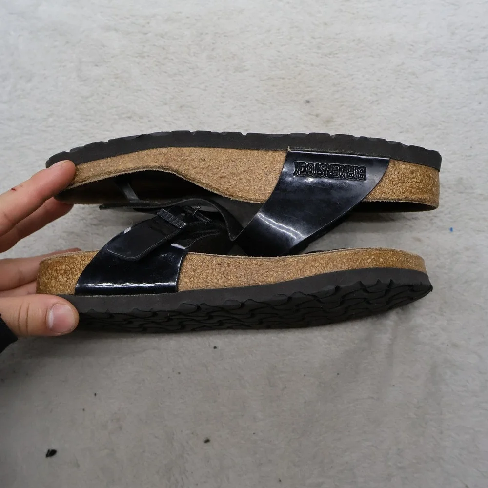 Birkenstock Women 4 EU35 Sandals Black Gizeh Patent Birko-Flor Cork Thong READ